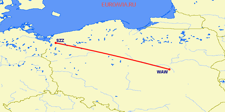 перелет Щецин — Варшава на карте