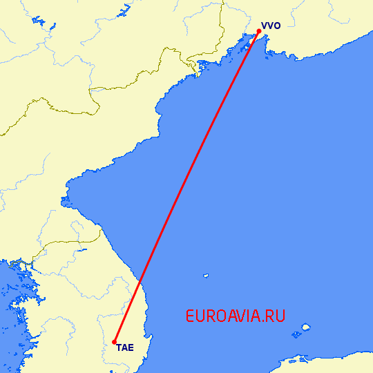 перелет Даегу — Владивосток на карте