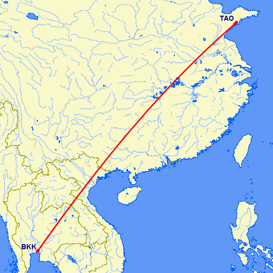 перелет Куаньдян — Бангкок на карте