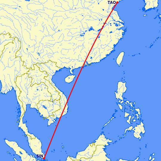 перелет Куаньдян — Сингапур на карте