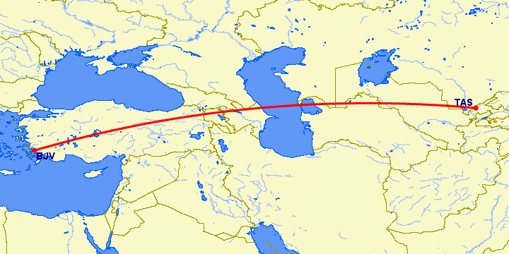 перелет Ташкент — Бодрум на карте