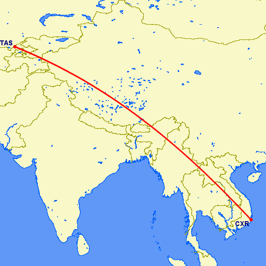 перелет Ташкент — Камрань на карте