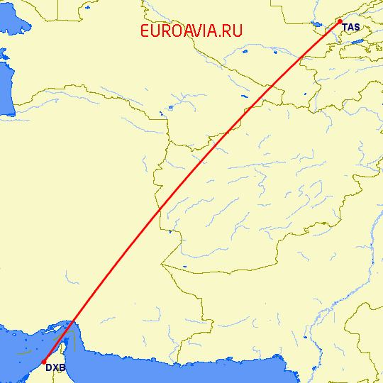 перелет Ташкент — Дубай на карте