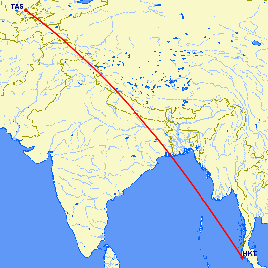перелет Ташкент — Пхукет на карте
