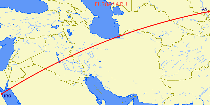 перелет Ташкент — Хургада на карте