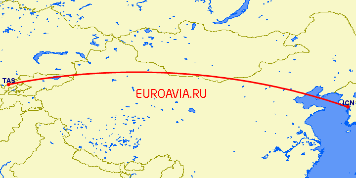 перелет Ташкент — Сеул на карте