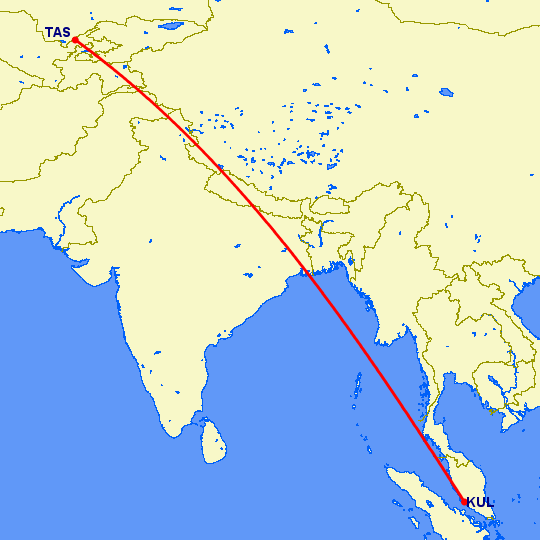 перелет Ташкент — Куала Лумпур на карте