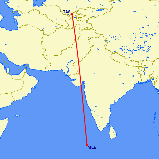 перелет Ташкент — Мале на карте