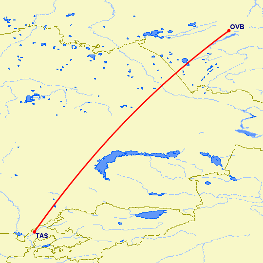 перелет Ташкент — Новосибирск на карте