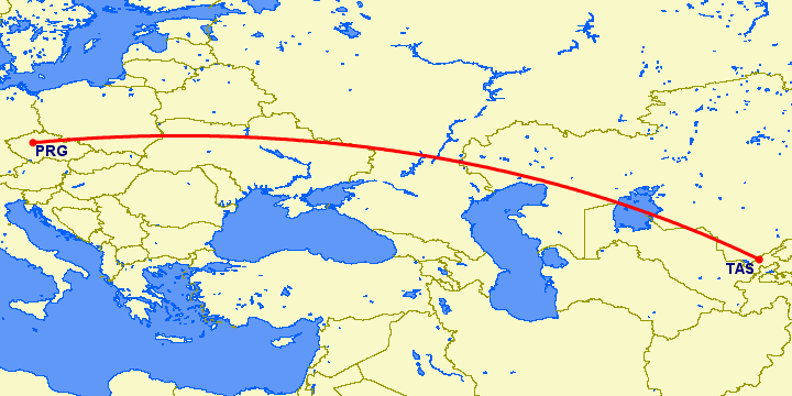 перелет Ташкент — Прага на карте