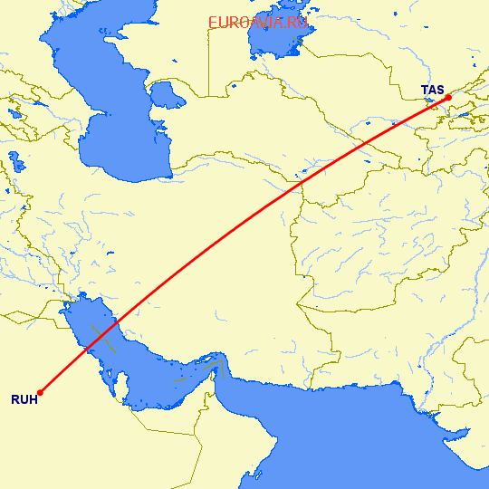 перелет Ташкент — Эр Рияд на карте