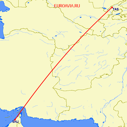 перелет Ташкент — Шарджа на карте