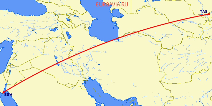 перелет Ташкент — Шарм эль Шейх на карте