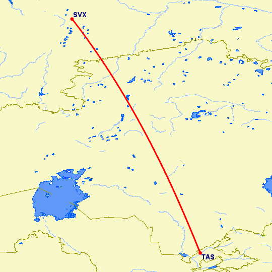 перелет Ташкент — Екатеринбург на карте