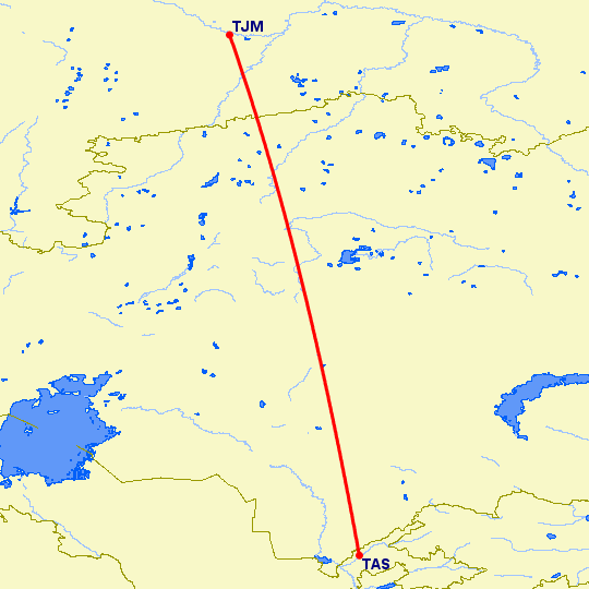 перелет Ташкент — Тюмень на карте