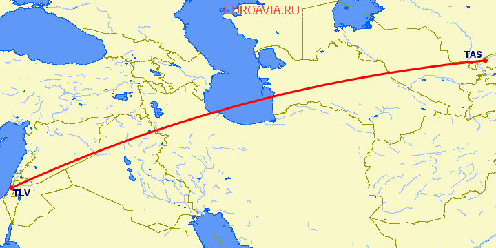 перелет Ташкент — Тель Авив на карте