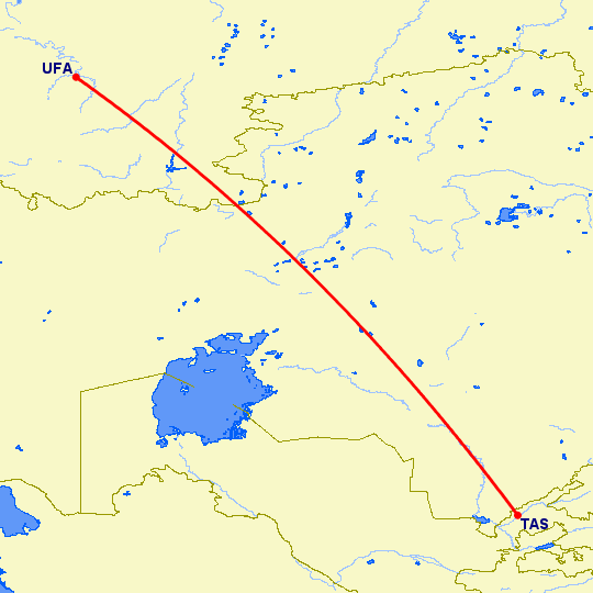перелет Ташкент — Уфа на карте