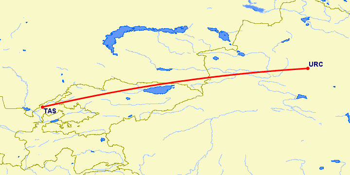 перелет Ташкент — Урумги на карте