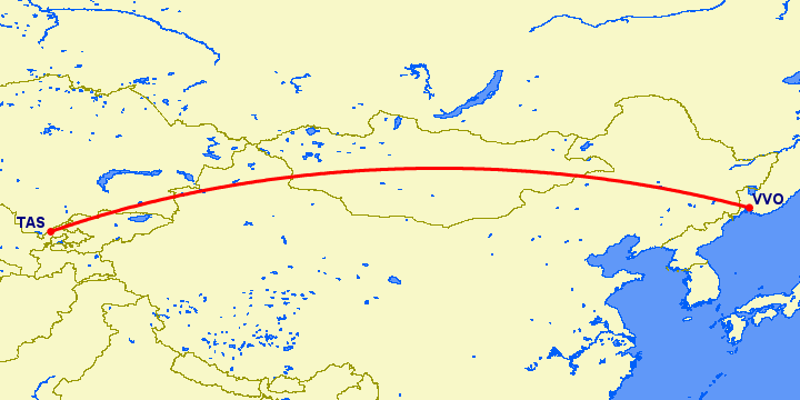 перелет Ташкент — Владивосток на карте