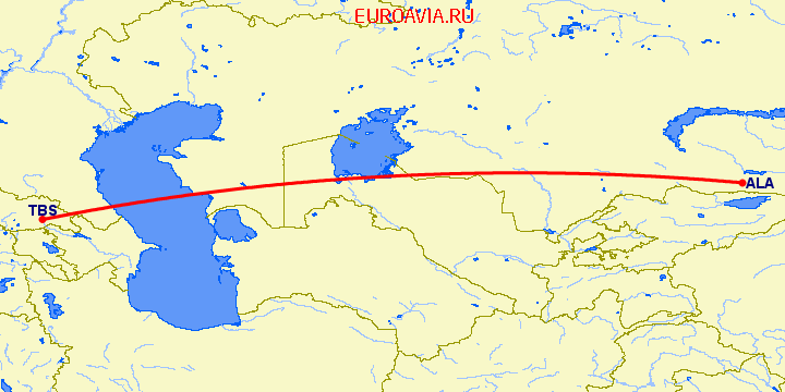 перелет Тбилиси — Алматы на карте