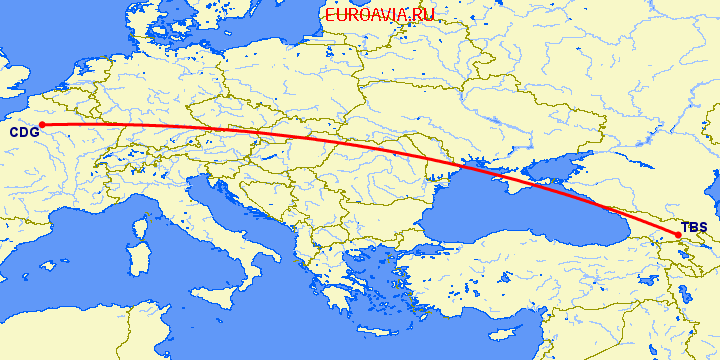 перелет Тбилиси — Париж на карте