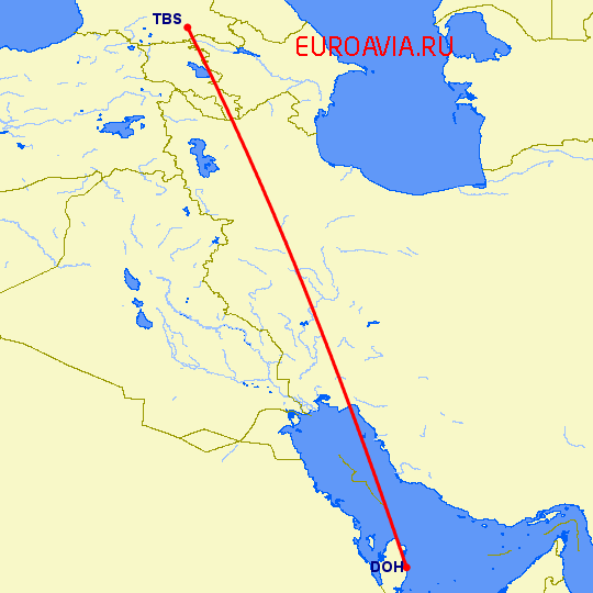 перелет Тбилиси — Доха на карте