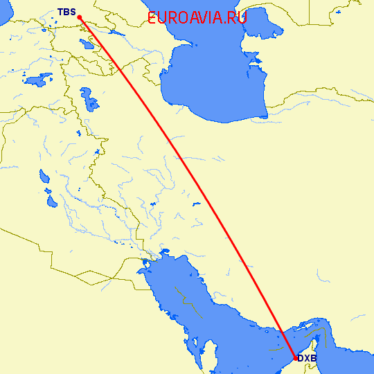 перелет Тбилиси — Дубай на карте