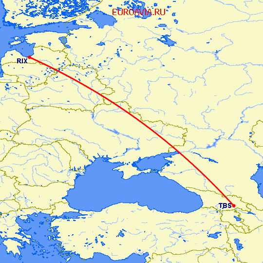 перелет Тбилиси — Рига на карте