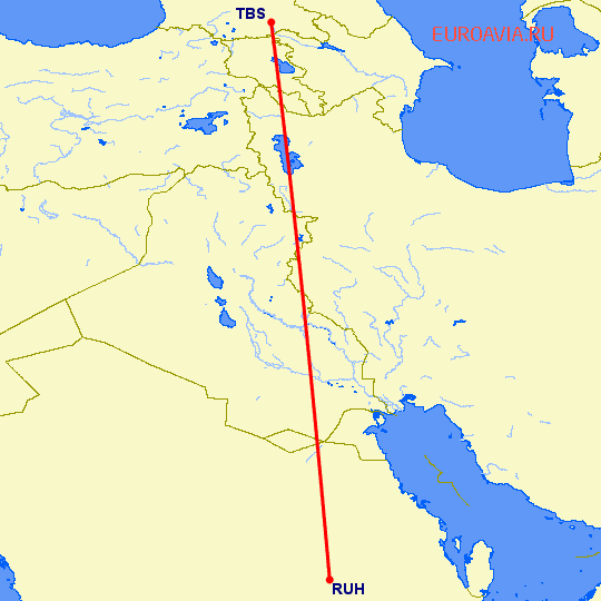 перелет Тбилиси — Эр Рияд на карте