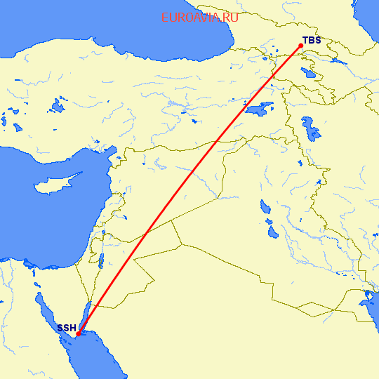 перелет Тбилиси — Шарм эль Шейх на карте