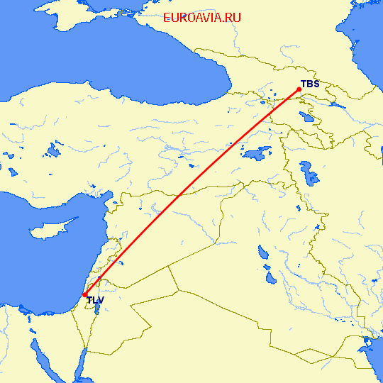 перелет Тбилиси — Тель Авив на карте