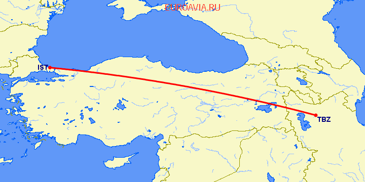 перелет Табриз — Стамбул на карте