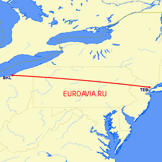 перелет Teterboro — Cleveland на карте