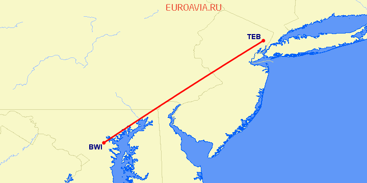 перелет Teterboro — Балтимор на карте