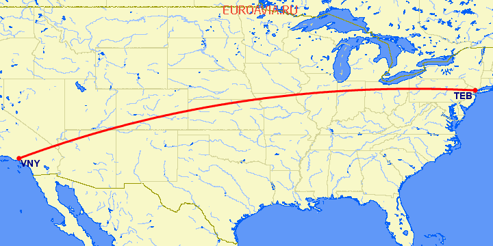 перелет Teterboro — Лос Анджелес на карте