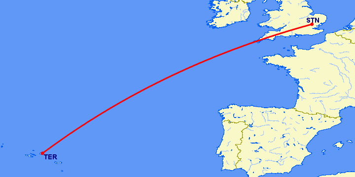 перелет Terceira Island — Лондон на карте