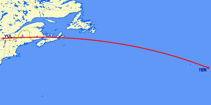 перелет Terceira Island — Монреаль на карте