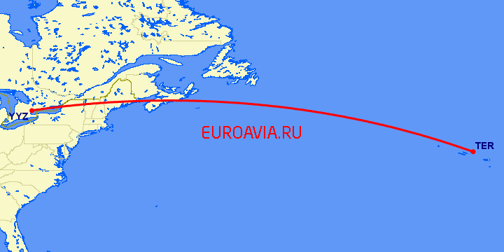 перелет Terceira Island — Торонто на карте