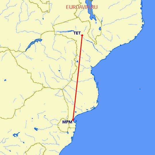 перелет Тете — Мапуту на карте