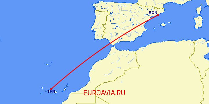 перелет Тенерифе — Барселона на карте