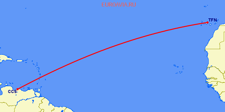 перелет Тенерифе — Каракас на карте