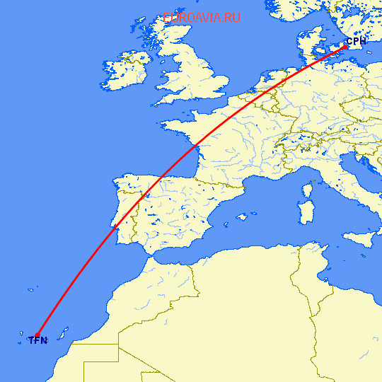 перелет Тенерифе — Копенгаген на карте