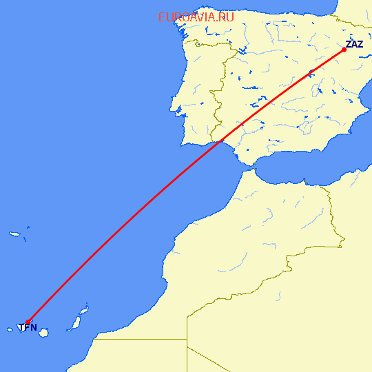 перелет Тенерифе — Сарагоса на карте