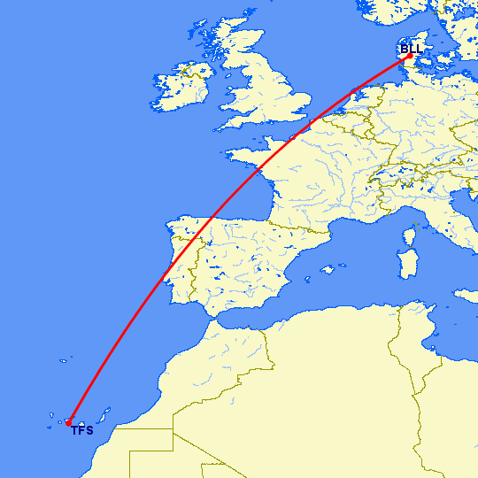 перелет Тенерифе — Биллунд на карте