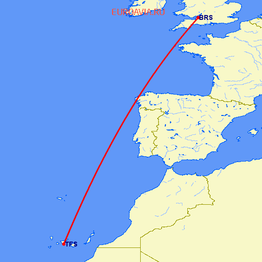 перелет Тенерифе — Бристоль на карте