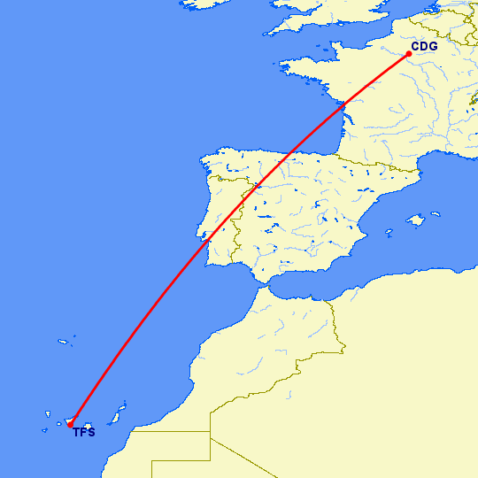 перелет Тенерифе — Париж на карте
