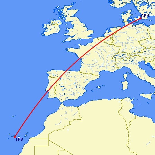 перелет Тенерифе — Копенгаген на карте