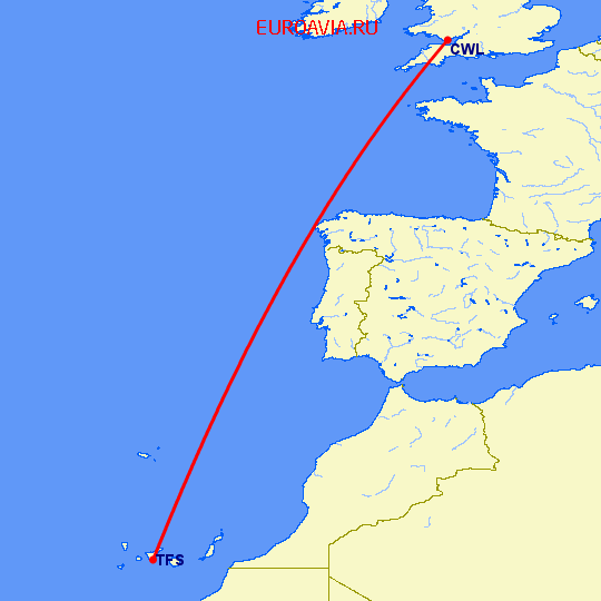 перелет Тенерифе — Кардифф на карте