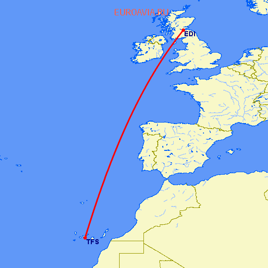 перелет Тенерифе — Эдинбург на карте