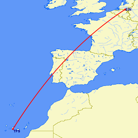 перелет Тенерифе — Эйндховен на карте